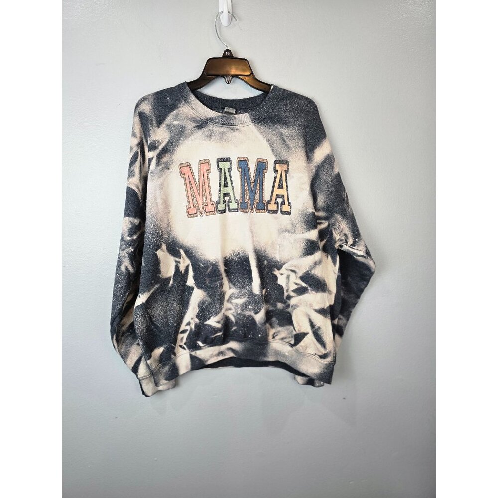 Gildan Sweatshirt Womens L Grey Bleached Dyed Graphic MAMA Pullover Grunge Fall